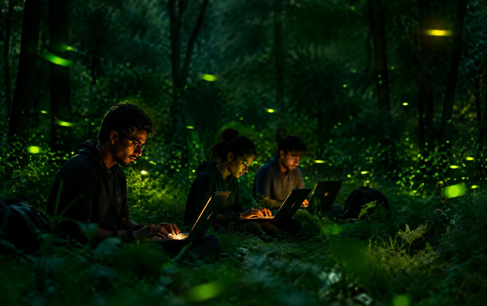 Jugnuu students building on laptops among fireflies